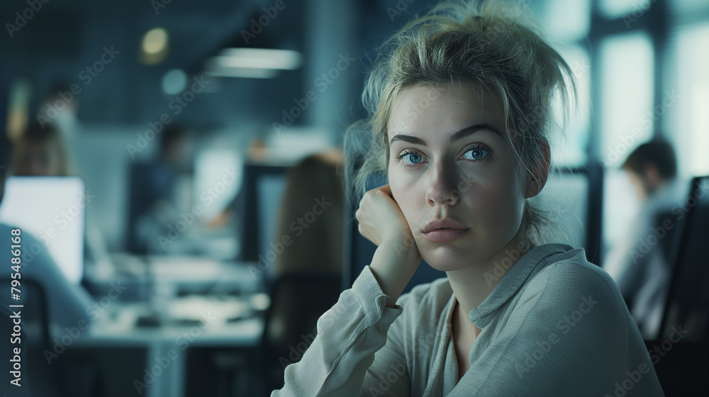 Exhausted young female employee experiencing work-related stress in a busy office Exhausted young female employee experiencing work-related stress in a busy office