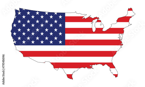 Includes the map of United States of America with the flag of usa on a white background.