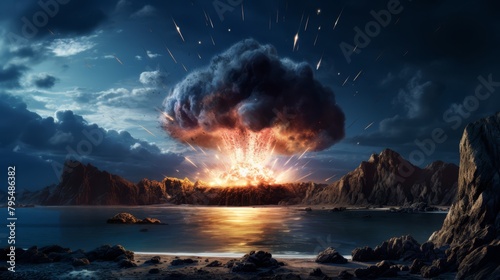Meteor striking an uninhabited island, creating a massive explosion, photorealistic, photo