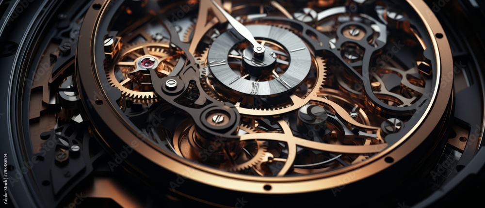 3D abstract dark luxury watch mechanism, modern and technological