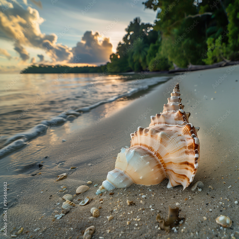 An intricate seashell rests on the shore, with waves and sunset in the background, highlighting the beauty of nature An intricate seashell rests on the shore, with waves and sunset in the background, highlighting the beauty of nature