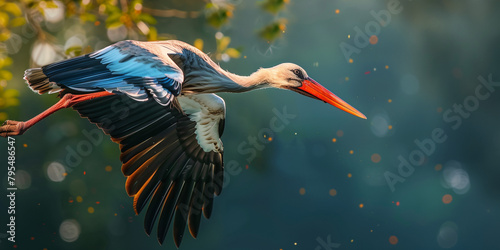 A stork forcefully launches from its perch on a branch, the warm golden light creating a serene mood as it begins its flight amidst a bokeh background