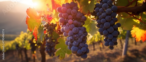 Sunlit organic vineyard, grapes ripe for the harvest photo