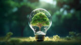 Green energy concept, light bulb on green background