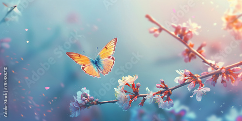 An exquisite Monarch butterfly spreads its wings amidst the flowering branches of a tree, complemented by a soft bokeh effect in the background © Renata