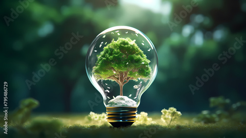 Green energy concept, light bulb on green background