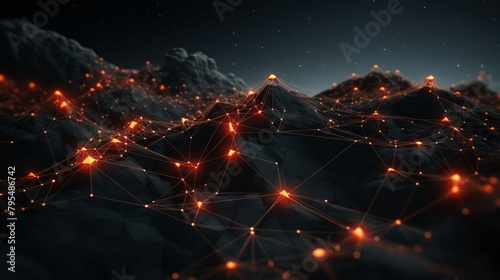 Dark technology network, 3D visualization of connected nodes