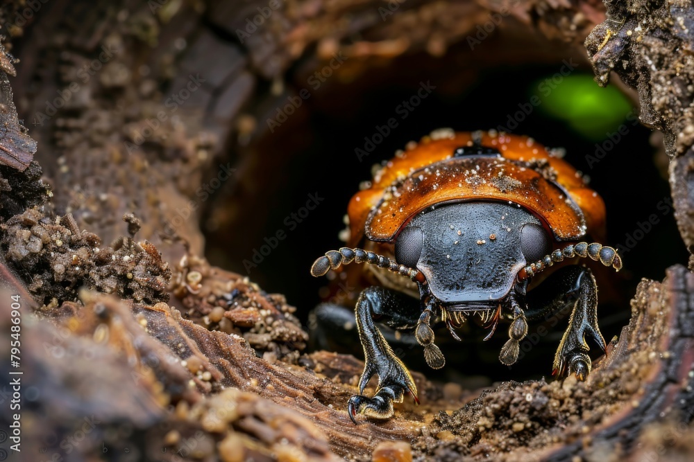 Fototapeta premium Close up of a beetle burrowing in rotting wood, illustrating the role of decomposers in nutrient cycling