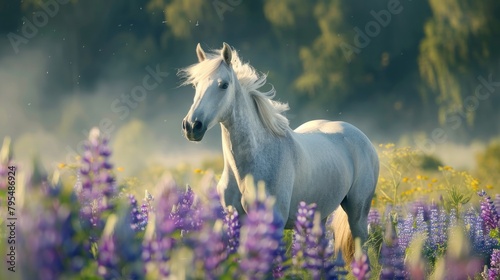 Beautiful gray horse in lupine flowers, summer nature background, sunset light,