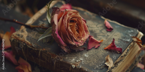 Delicate rose positioned on an antique book amidst a cascade of fallen petals suggests reminiscence and love