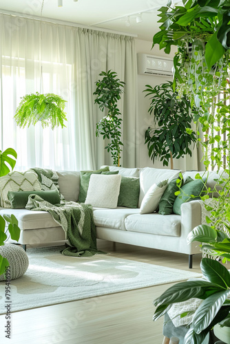 Interior of living room with green houseplants and sofas  © Fabio