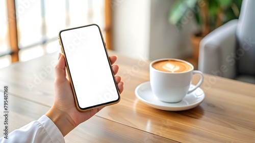 Mockup of woman hand holding a cell phone with white screen with a cup of latte and a sofa in bokeh