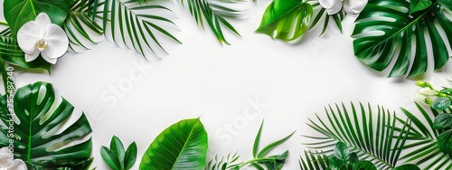 Tropical Leaves Summer Flat Lay: Creative summer flat lay featuring vibrant tropical leaves and white orchids on a fresh white background. photo