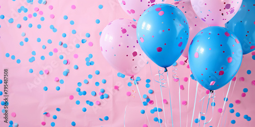 Vibrant blue and pink balloons with falling confetti creating a festive atmosphere on a cheerful pink background