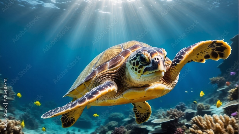 Obraz premium Sea Turtle in Underwater Reef Habitat