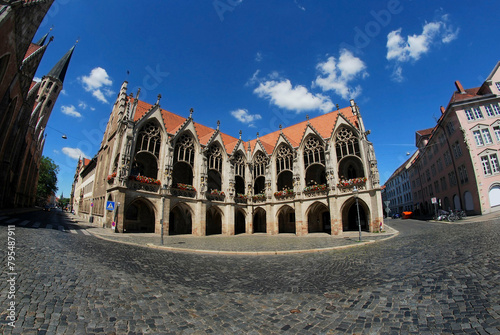 A wide angle fisheye shot of the gothical building of Altstadtrathaus (old town hall) in Braunschweig, Germany. 