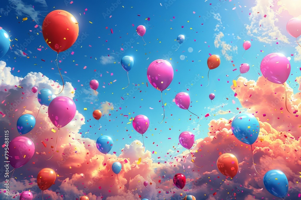 Vibrant pink and blue balloons ascending into a surreal sky with fluffy clouds, conveying a sense of celebration and freedom Vibrant pink and blue balloons ascending into a surreal sky with fluffy clouds, conveying a sense of celebration and freedom