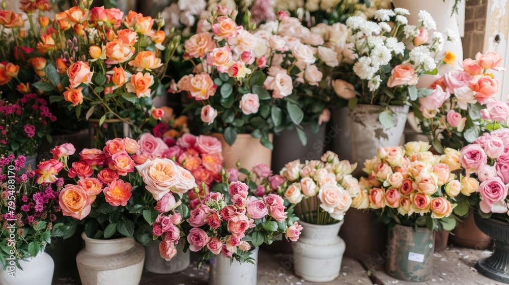 A large assortment of flowers are displayed in various vases, including pink and white roses. The arrangement is colorful and vibrant, creating a cheerful and inviting atmosphere