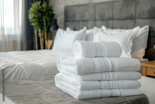 Clean and fresh white bath towels on neatly bed in hotel suite. Concept of room service, comfort staying and luxurious apart. Guest bedroom in apartment at morning photo