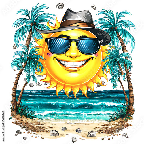 Summer vacation scene on the tropical smile sun and palm trees cartoon vector illustration. Ai Generated Image. © Faysal Ahmed