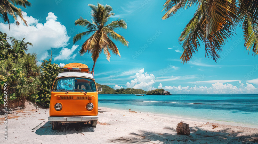 This image offers a front view of an iconic orange van parked on a picturesque beach, with lush palm trees and calm blue waters