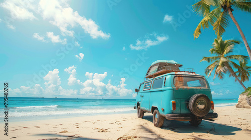 A serene blue van with a surfboard on top basks in the sunlight on a pristine beach with a breathtaking ocean view