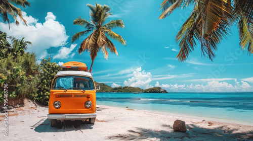 This image offers a front view of an iconic orange van parked on a picturesque beach  with lush palm trees and calm blue waters