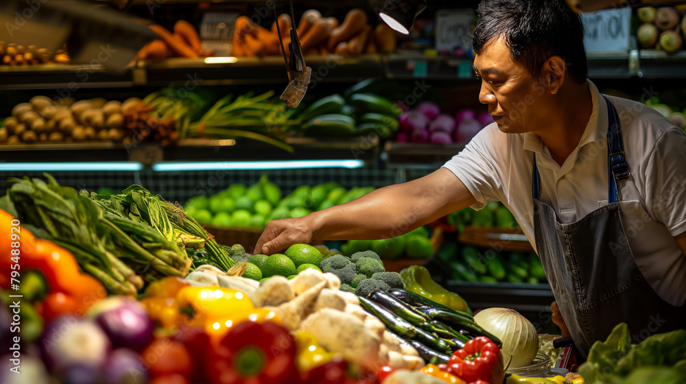 A vendor is meticulously arranging vegetables at his market stall, ensuring the best presentation of fresh produce A vendor is meticulously arranging vegetables at his market stall, ensuring the best presentation of fresh produce