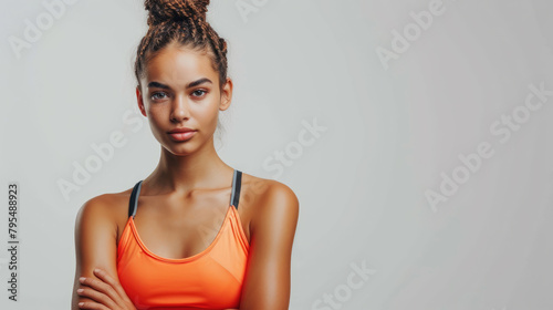 young woman in an orange sports bra on a gray background.
