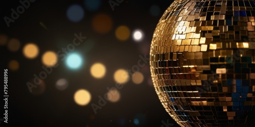 a disco ball covered in gold glitter, reflecting a dazzling array of colorful lights against a black background.