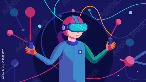 In a virtual reality arcade a person is hooked up to a VR headset connected to a series of wires engaging in a simulated neural training program to.