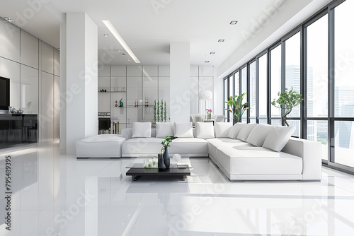 A modern white-themed living room, illuminated by natural light and furnished with contemporary decor, capturing elegance in HD.