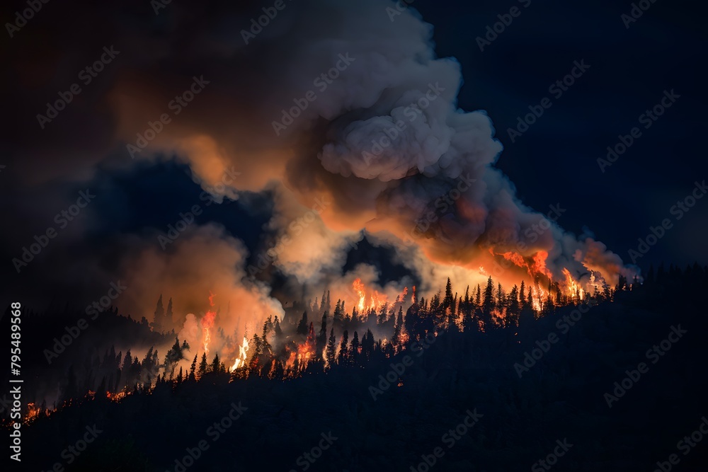 Intense forest fire with blazing flames and dark smoke creating an urgent danger