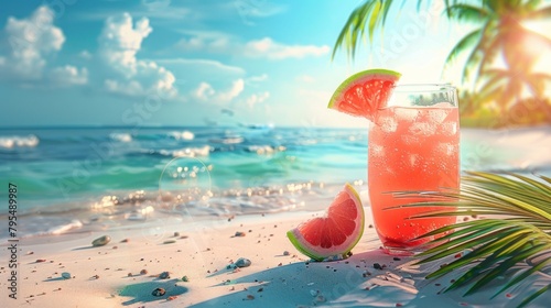 A stunning scene with a water-droplets covered cocktail glass adorned with a slice of watermelon on a sandy beach
