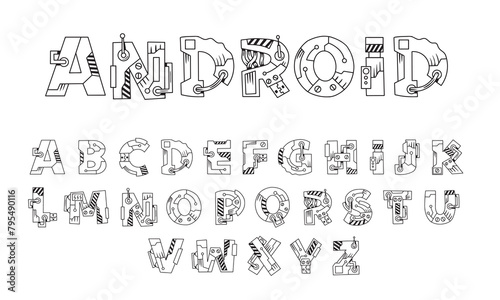 Android robot font. Cartoon black and white vector graffiti letters