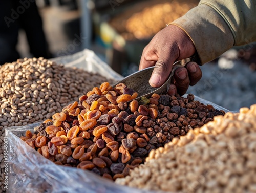 A man is scooping food out of a bag of mixed nuts. The bag is filled with a variety of nuts, including almonds, cashews, and peanuts