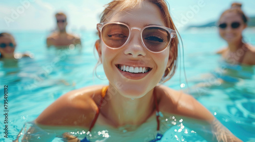Smiling young woman with friends in a sunny pool enjoying vacation © Fxquadro