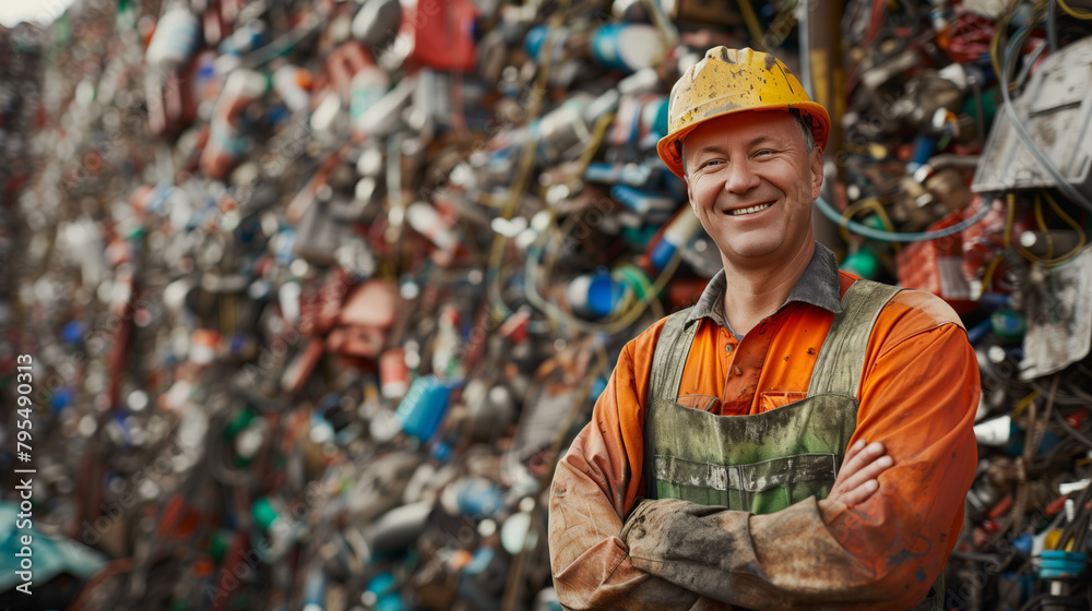 Garbage disposal. A specialist who deals with sorting, systematization and destruction of garbage. A man in a yellow helmet and an orange vest Garbage disposal. A specialist who deals with sorting, systematization and destruction of garbage. A man in a yellow helmet and an orange vest