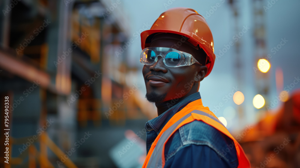 An industrial worker. A black man in an orange safety vest, orange hard hat and goggles stands in front of a building under construction An industrial worker. A black man in an orange safety vest, orange hard hat and goggles stands in front of a building under construction