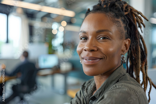 Woman with dreadlocks smiling at the camera during a meeting in a business office. Mature and professional business woman leading a corporate team towards success
 photo