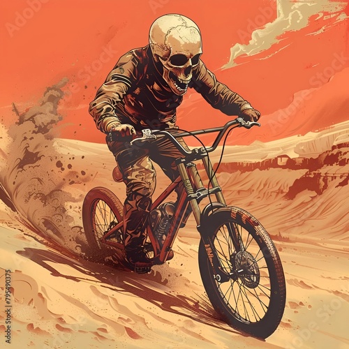 skull riding a bike in dessert brutalise style photo
