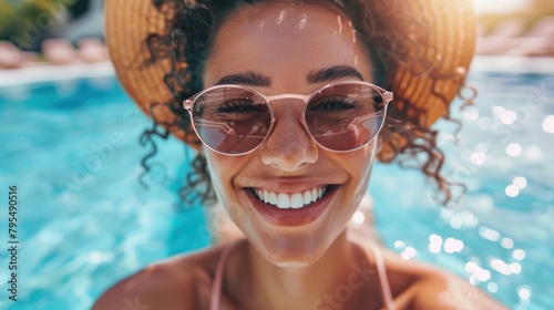 A close-up shot of a joyful woman with curly hair and trendy sunglasses in a pool photo