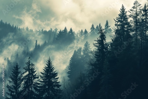 Misty landscape with fir forest in vintage retro  , AI generated © Tanu