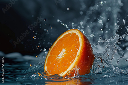fresh orange falling in water
 photo