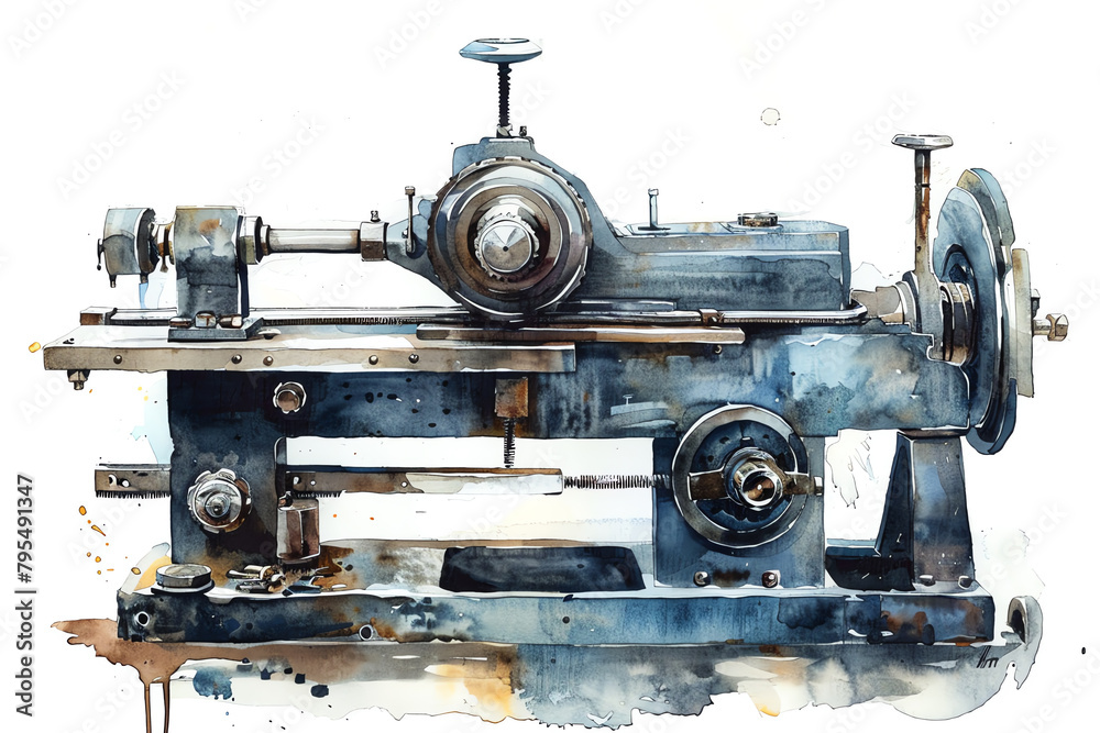 Minimalistic watercolor illustration of lathes on a white background, cute and comical