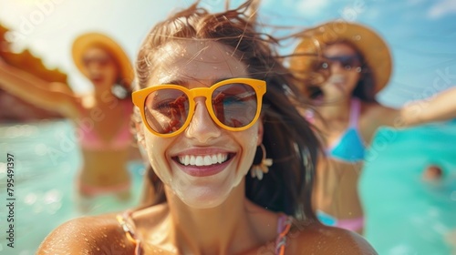 A young woman wearing orange sunglasses with friends in sea, all smiling and expressing joy