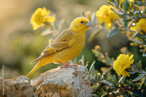 Vibrant yellow canary bird perched on a rocky surface among blooming flowers.