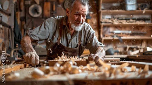 A carpenter in a woodshop creates custom furniture, surrounded by tools and wood shavings photo