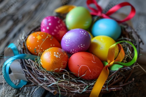 Colorful Easter eggs arranged in a decorative nest with ribbon accents