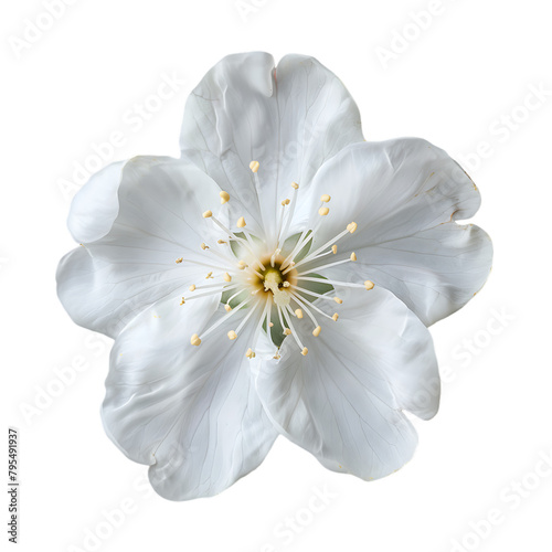 A white flower with a yellow center and light green stamen.